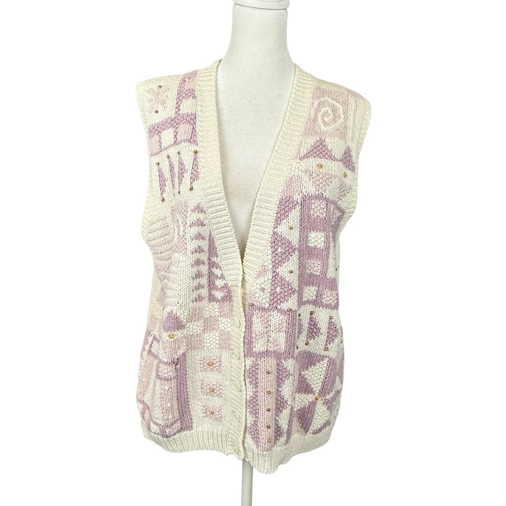 Vintage Talbots‎ Sweater Vest Womens Medium Beaded Patchwork Grannycore Knit